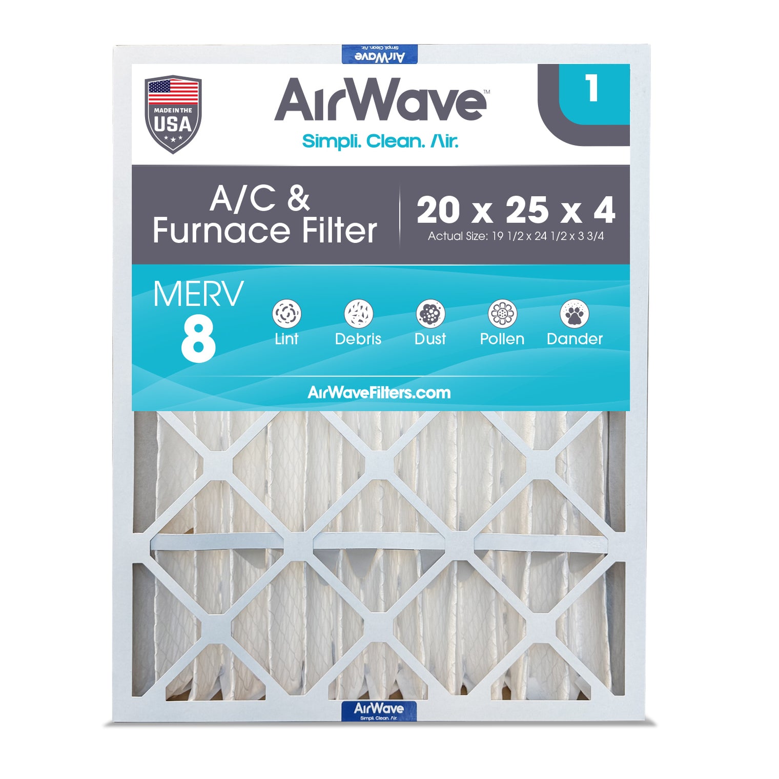 Air Filter 20x25x4, Pleated MERV 8, HVAC Furnace Filter
