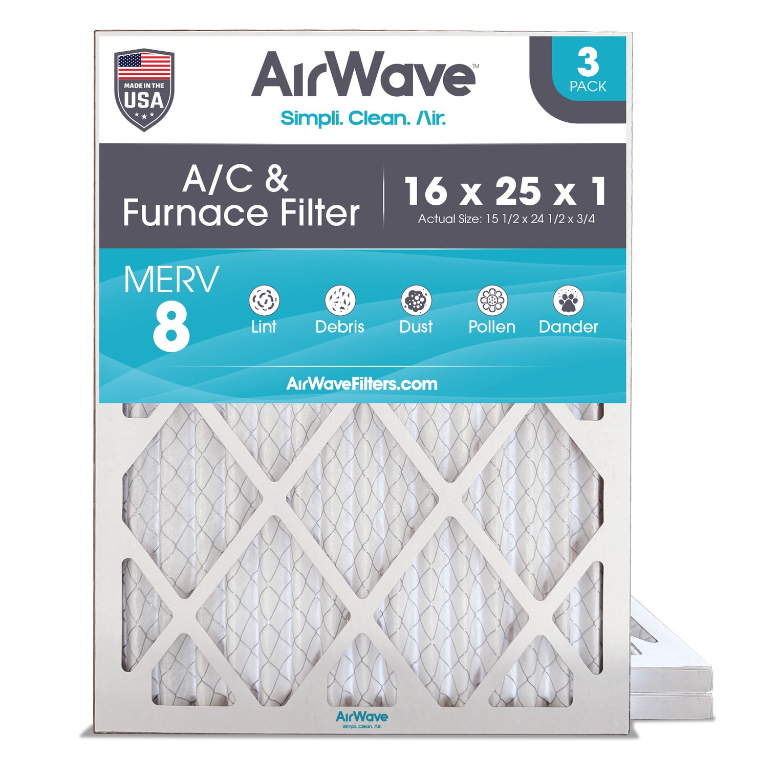 16x25x1 Air Filter, MERV 8, Pleated